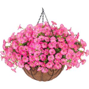 Artificial Faux Hanging Flowers Plants Baskets for Outdoors, Fake Silk Morning Glory Eucalyptus in Planter UV Resistant Realistic Outdoor Flowers for Outside Porch Patio Balcony Garden Yard Home Decor