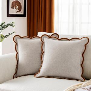Beige Scalloped Pillow Cover Pack of 2 Spring Chenille Decorative Throw Pillow Covers 18x18 Cute Boho Couch Pillow Covers Aesthetic Funky Preppy Pillow Cases for Sofa Living Room