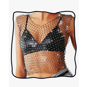 DRESBE womens Hollow Rhinestone Mesh Tank Tops Bikini Concert Party Crop Top, M