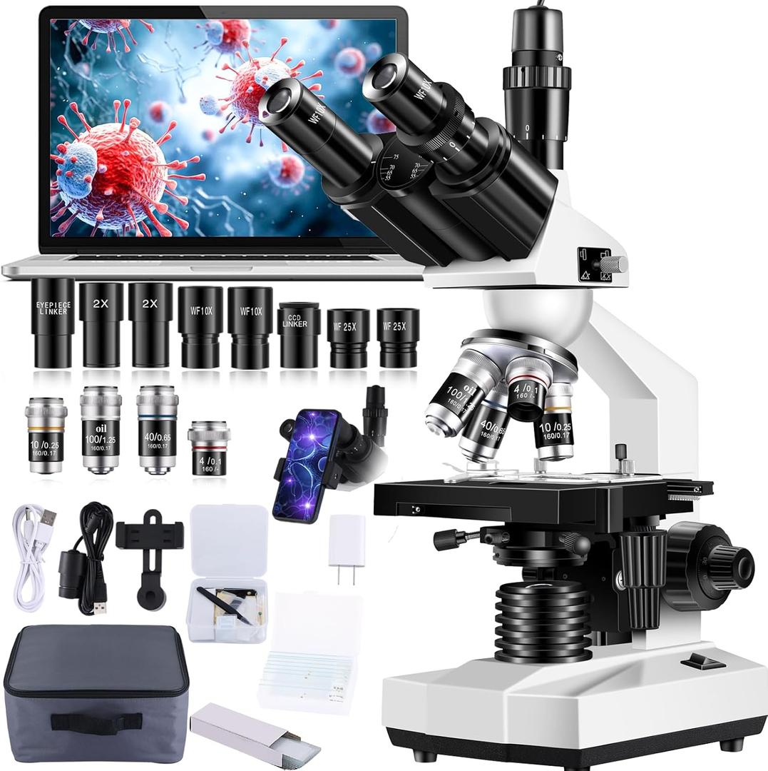 Trinocular Microscope 40X-5000X Magnification Laboratory Grade with Dual Mechanical Stage and HD USB Camera Microscopes for AdultsAdult Trinocular Microscope with Electronic Eyepiece