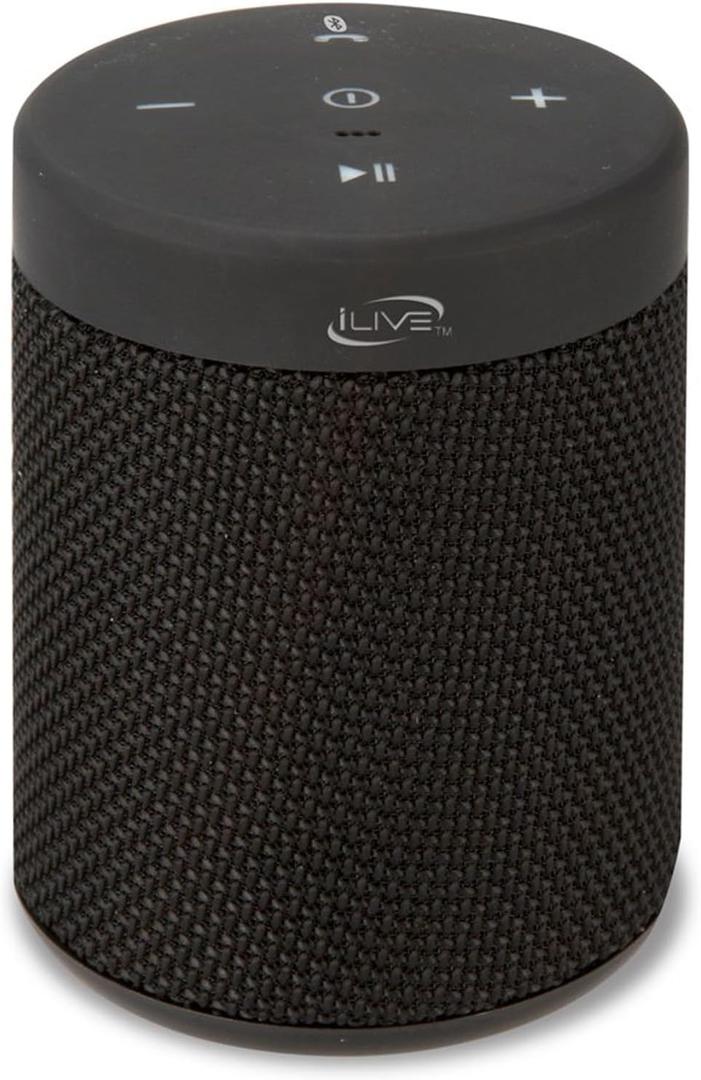 iLive Waterproof Fabric Wireless Speaker, 2.56 x 2.56 x 3.4 Inches, Built-in Rechargeable Battery, Black (ISBW108B)