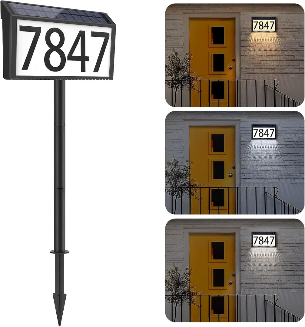 MAXvolador Solar Powered Address Sign House Numbers Waterproof, 3-Color Lighting Modes LED Illuminated Address Plaque with Stakes, Outdoor Address Number