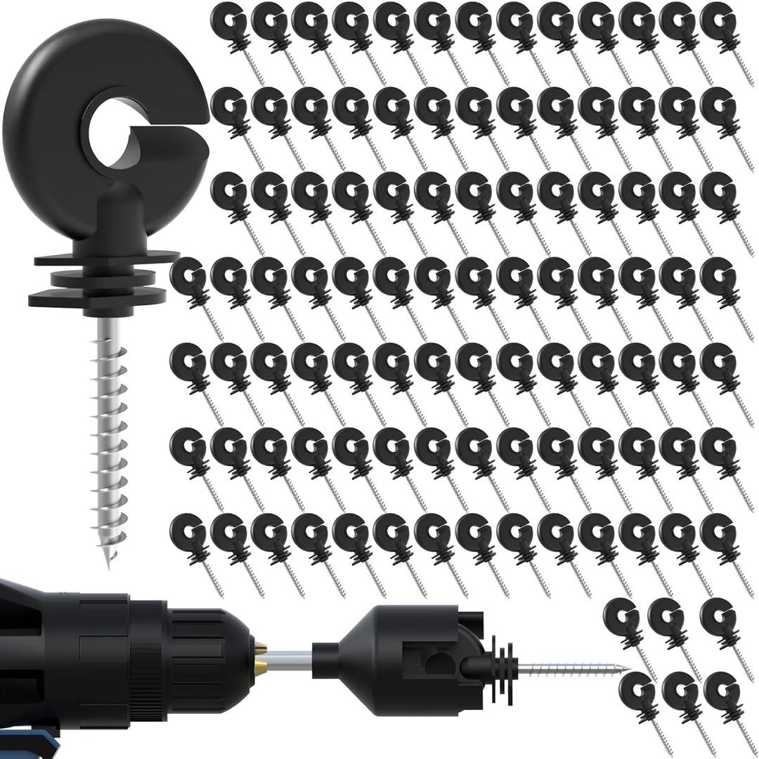 100 Pcs Black Electric Fence Insulator Screw-in Insulator Fence Ring Post Wood Post Insulator and 1 Pc Free Insulator Socket Tool (Grid System Accessories for Animal Husbandry Electronic) (100PCS)
