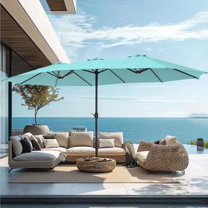 PHI VILLA 15ft Large Patio Umbrellas with Base Included, Outdoor Double-Sided Rectangle Market Umbrella with Crank Handle, for Poolside Lawn Garden, Turquois