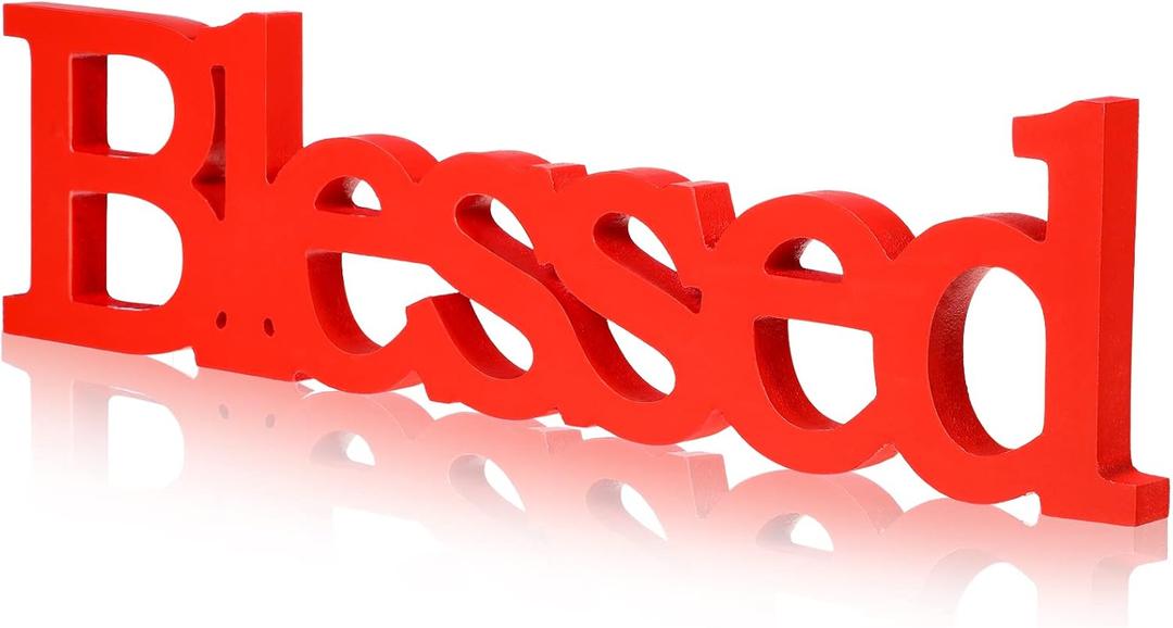 Blulu Blessed Letter Table Sign Blessed Standing Letter Table Sign Rustic Wooden Home Standing Decor for Valentine St. Patrick's Day Baby Shower First Communion Christening Decoration(Red)