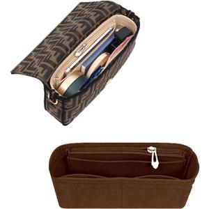 Zipper Softened Felt Purse Organizer Insert for Baguette, Tote, Longchamp Handbags Small Purse Organizer Insert Lightweight Bag Organizer with Multiple Pockets (Small, Coffee)