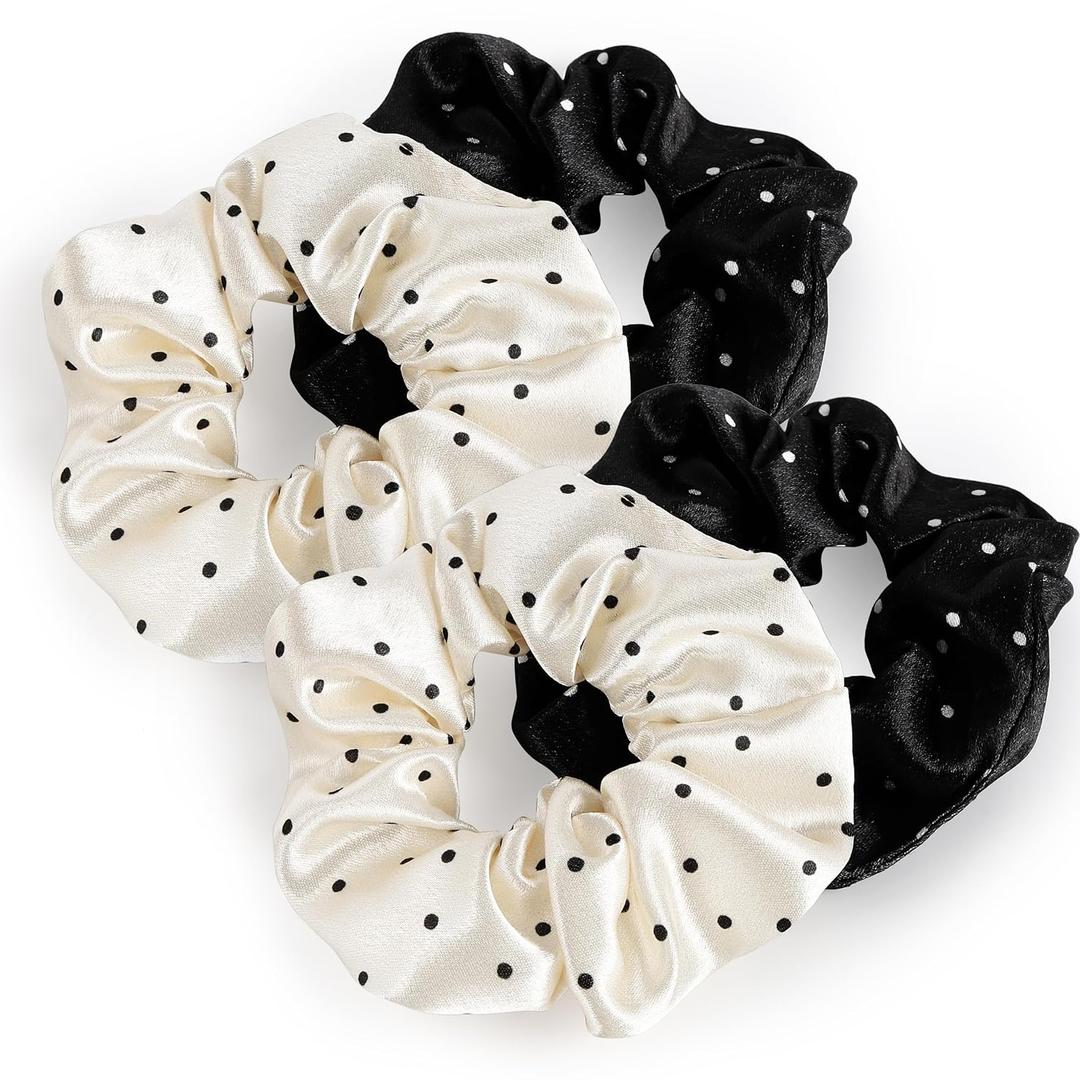 YANA Statin Scrunchie Hair Ties for All Hair Types, Pack of 4 (Polka Dots, Black and White)