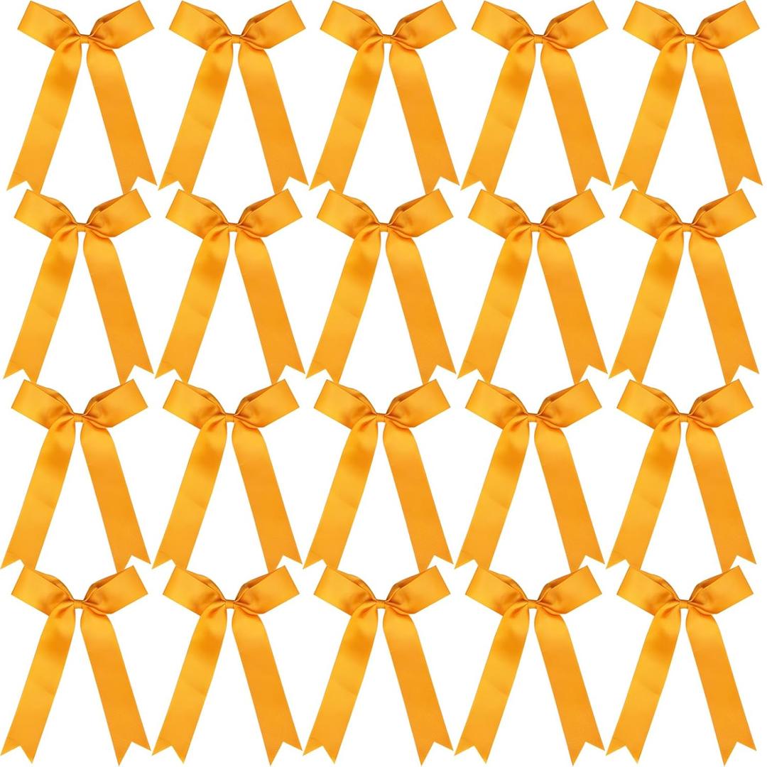 Hipcheer 20pcs Collegiate Style Cheer Bows for Girls, Long Tail Skinny Cheer Bow Ponytail Holder Handmade Bows for Girls Teens Softball Cheerleader Sports (Gold)