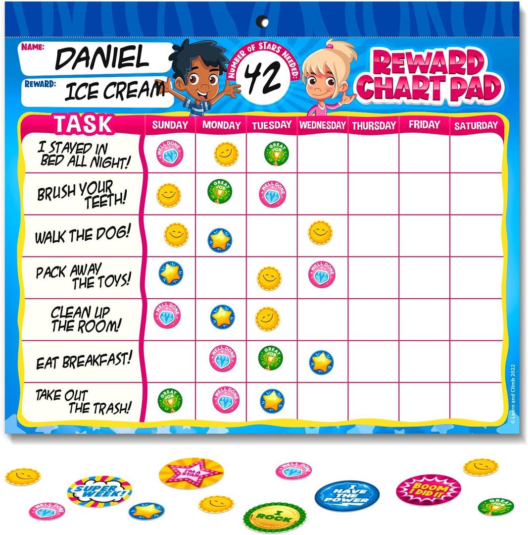 Behavior Reward System - Pad with 15 Chore Charts for Kids, 850 Stickers to Motivate Responsibility & Good Habits