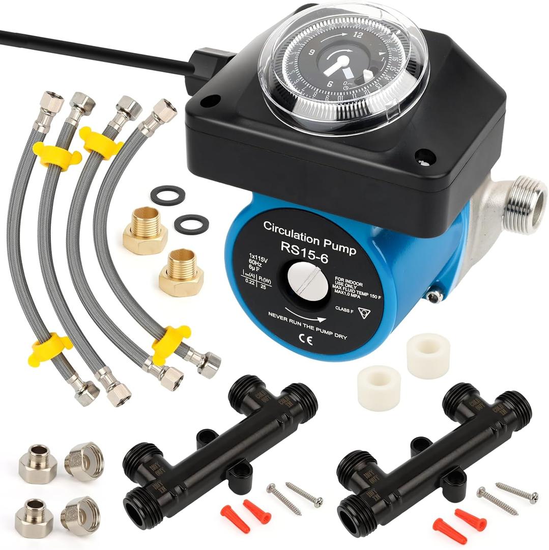 Hot Water Recirculating Pump Kit for Tank Water Heaters Programmable Timer, Two Upgraded Brass Bypass Sensor Valves, 4-Line Configuration, Easy DIY Installation 0955805,595916