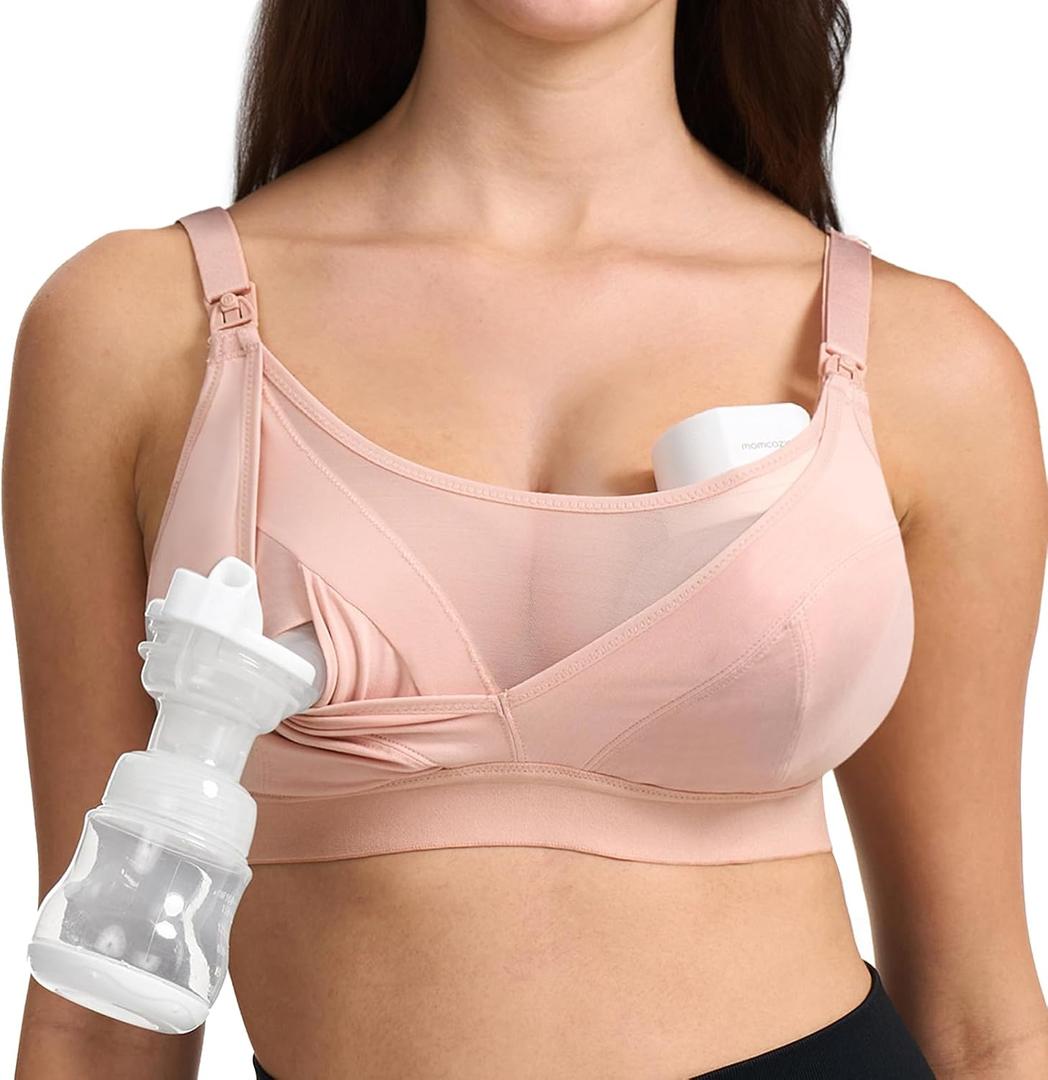 Momcozy Mesh Support Pumping Bra Hands Free Suitable for 36C-44G, Comfortable Plus Size Pumping and Nursing Bra in One (Oyster Pink)