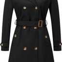 CREATMO US Women's Long Trench Coat Double-Breasted Classic Lapel Overcoat Belted Slim Outerwear Coat with Detachable Hood (Medium, Black)