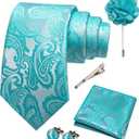 JEMYGINS Mens Paisley Tie and Pocket Square,Lapel Pin,Cufflinks,Tie Clip Sets with Gift Box 5PCS (Turquoise)