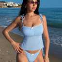 ZAFUL 2026 Tankini Swimsuits for Women Mesh Hollow-Out Tank Style Bow Knotted Decor Tie Side High Cut Tankini Set (Blue, XL)