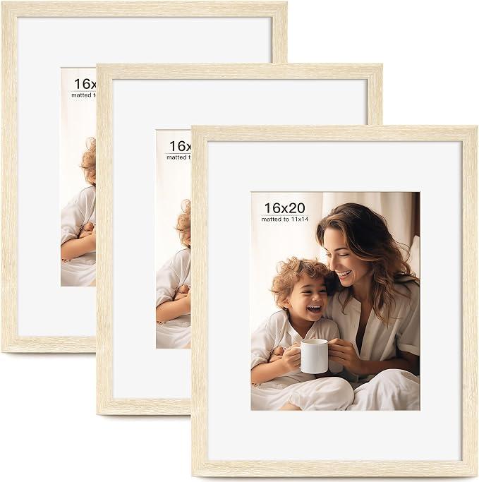 FinalFind 16x20 Picture Frame with Mat for 11x14 Set of 3, Natural Wood Grain 16x20 Frames for Horizontal & Vertical Wall Mounting (3 Pack,Natural)