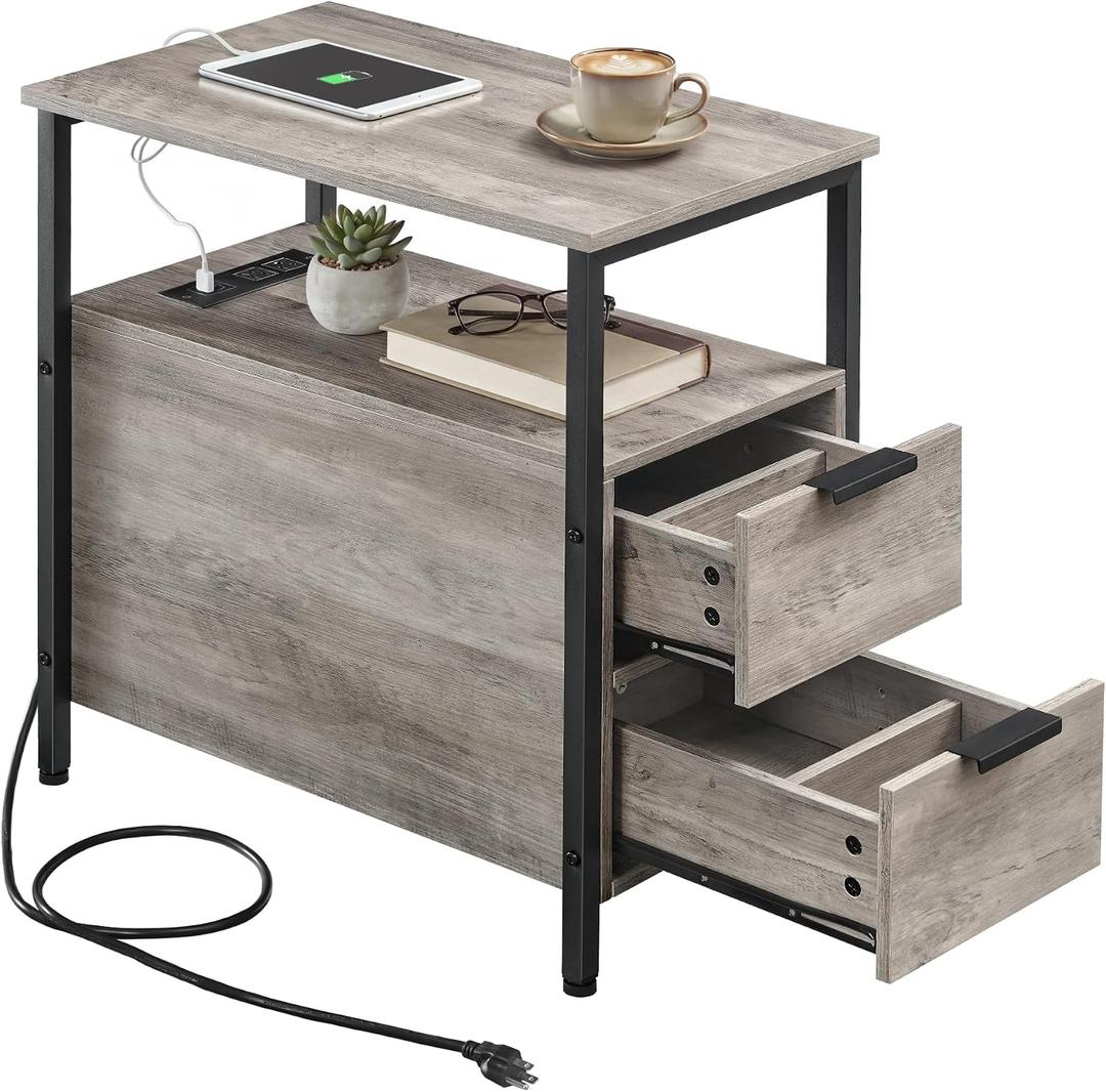 VASAGLE Side End Table with Charging Station, Slim Nightstand with Storage, 23.6"D x 11.8"W