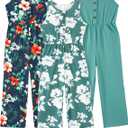 PATPAT 3 Pack Girls Jumpsuits Solid Color Floral Print Button Down Sleeveless Jumpsuits Long Romper Pants with Pockets 13-14Y