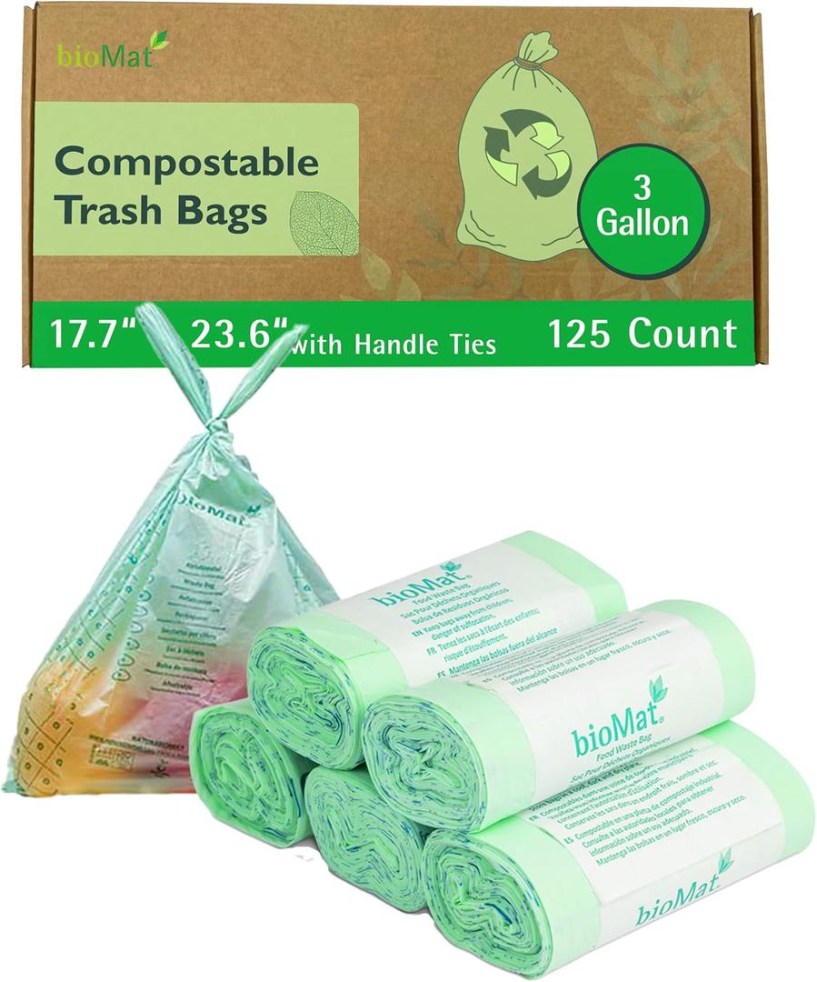 bioMat Compostable Trash Bags 3 Gallon with Handle Ties, 125 Count, Small Kitchen Food Scrap Bin Liners, BPI, CMA and OK Compost HOME certified, Meets the ASTM D6400 Standard
