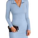 VICHYIE Women Fall Dress Lapel Collared V Neck Bodycon Ribbed Long Sleeve Mid Thigh Pencil Above Knee Mini Polo Dresses Blue Grey XL