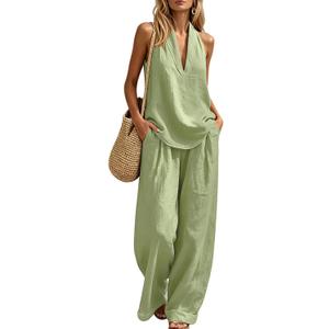 Womens Boho Linen 2 Piece Sets Summer Sleeveless Halter V Neck Tank Top Wide Leg Pants Matching Lounge Outfits 2026 (Green, XXL)