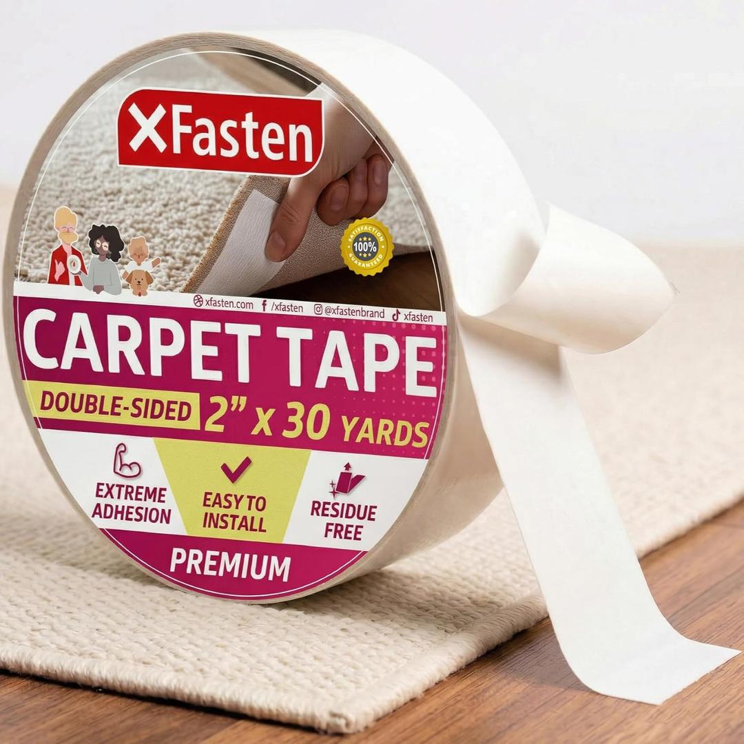 XFasten Double Sided Carpet Tape for Area Rugs, 2 Inch x 30 Yards  Heavy Duty Anti Slip Rug Grip Tape, Works as Rug Grippers, Residue Free, Wood Safe, Easy Removal for Hardwood and Laminated Floors