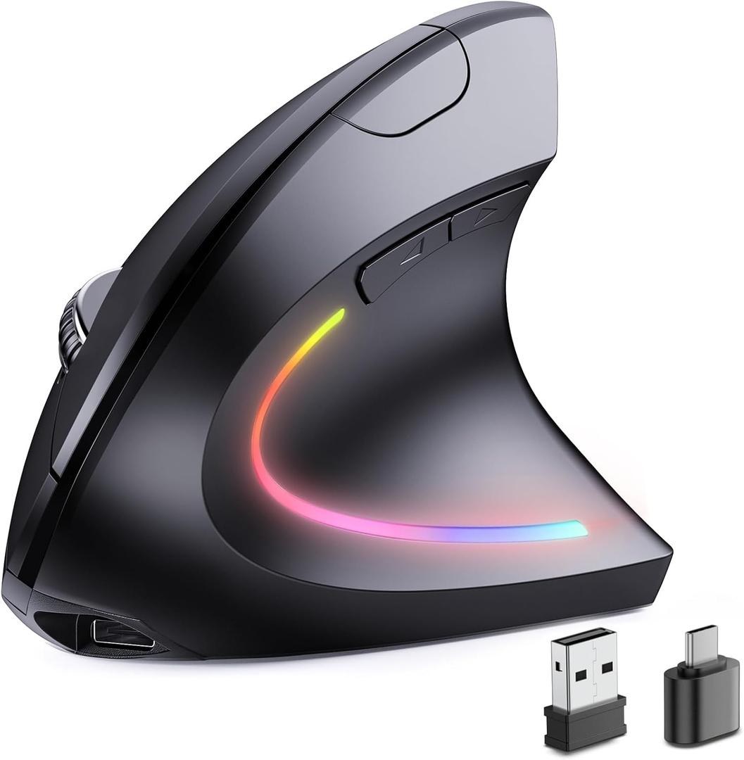 Bluetooth+USB A+USB C (3 In 1)Rechargeable Ergonomic Mouse, Wireless Vertical Design, 5 Adjustable Levels Up to 4800 DPI, 2.4G Carpal Tunnel Silent Mice for PC, Laptop, MacBook, Chromebook-Black
