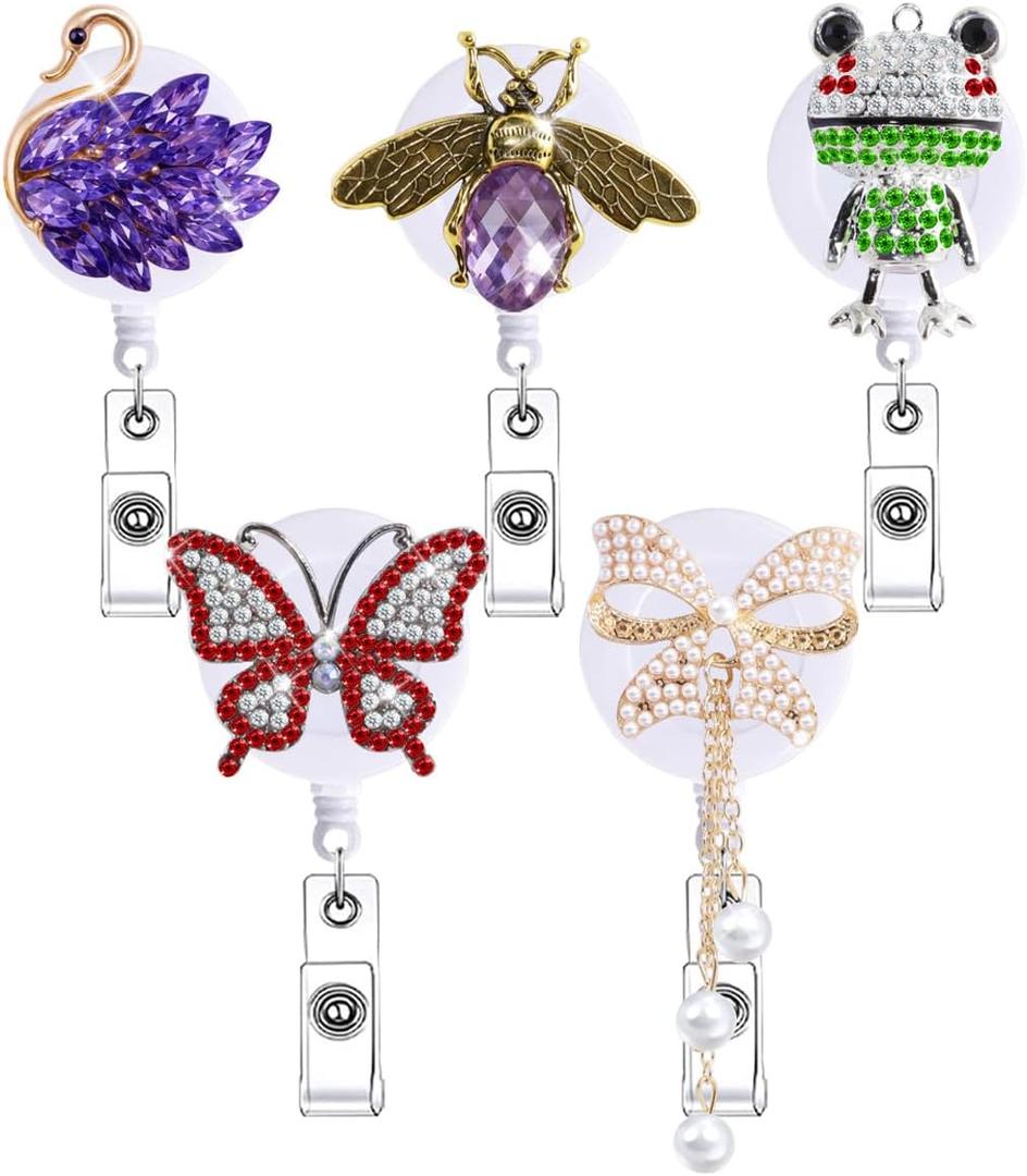 5Pcs Glitter Nurse Badge Reel Retractable Cute Nursing Student Bling Rhinestone Badge Holder Clip Gifts Crystal Animal Butterfly Frog Goose Bee Medical CNA RN ID Card Accessories