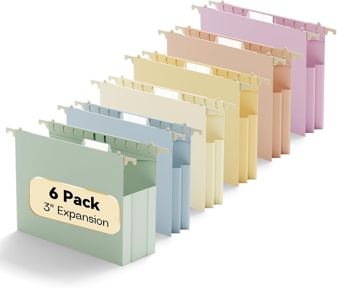 Plastic Extra Wide Hanging File Folder Letter Size,Heavy Duty Reinforced 3" Expansion Accordian Pocket,6 Pack Filing Cabinet Folders with Tabs,Pastel Color Hanging Organizer for Bulky Files