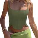 REORIA Women's Sexy Square Neck Trendy Sleeveless Adjustable Spaghetti Strap Corset Tank Crop Tops (Dark Green, Size S)