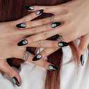 GLAMERMAID Gothic Black Press on Nail Medium Almond, Handmade Jelly Gel Fake Nail with Skull Design, Luminous Glue on Nail Short Oval, Reusable Acrylic Stiletto Stick on False NailS Kit for Women
