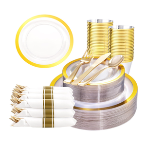 Liacere 350PCS Clear Gold Plastic Plates for 50 Guests Dinnerware Include 100 disposable Plates 150 Gold Silverware 50Napkins for Party & Wedding & New Year & Christmas