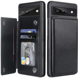 Bizzib for Google Pixel 6A Case Leather Wallet with Card Holder, Flip Cover Kickstand Magnetic Closure Shockproof Heavy Duty Protective Case for Google Pixel 6A,Black