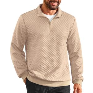 Vssjavun Mens Quarter Zip Pullover Quilted Sweatshirt Long Sleeve Casual Stand Collar Pullovers with Pockets (Beige, S)