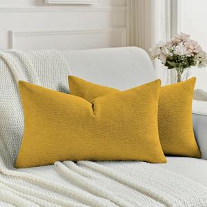 FUTEI Pack of 2 Chenille Decorative Throw Pillow Covers 12x20 Inch,Soft Cozy Faux Linen Textured Lumbar Pillow Cases,Farmhouse Home Decor for Couch Living Room,Mustard Yellow