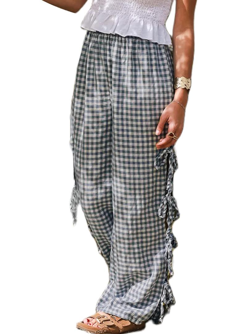 Sunloudy Women Y2K Wide Leg Gingham Pants (Blue, S) (S)