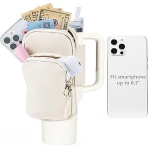 SUITMAT Water Bottle Pouch for Stanley Quencher Series Tumbler, Large Pouch Bag for Stanley Cup Accessories, Cup Backpack with Multiple Pockets for Phone, Cards, Keys (Bag Only) (Cream), Size: for Stanley 30 Oz