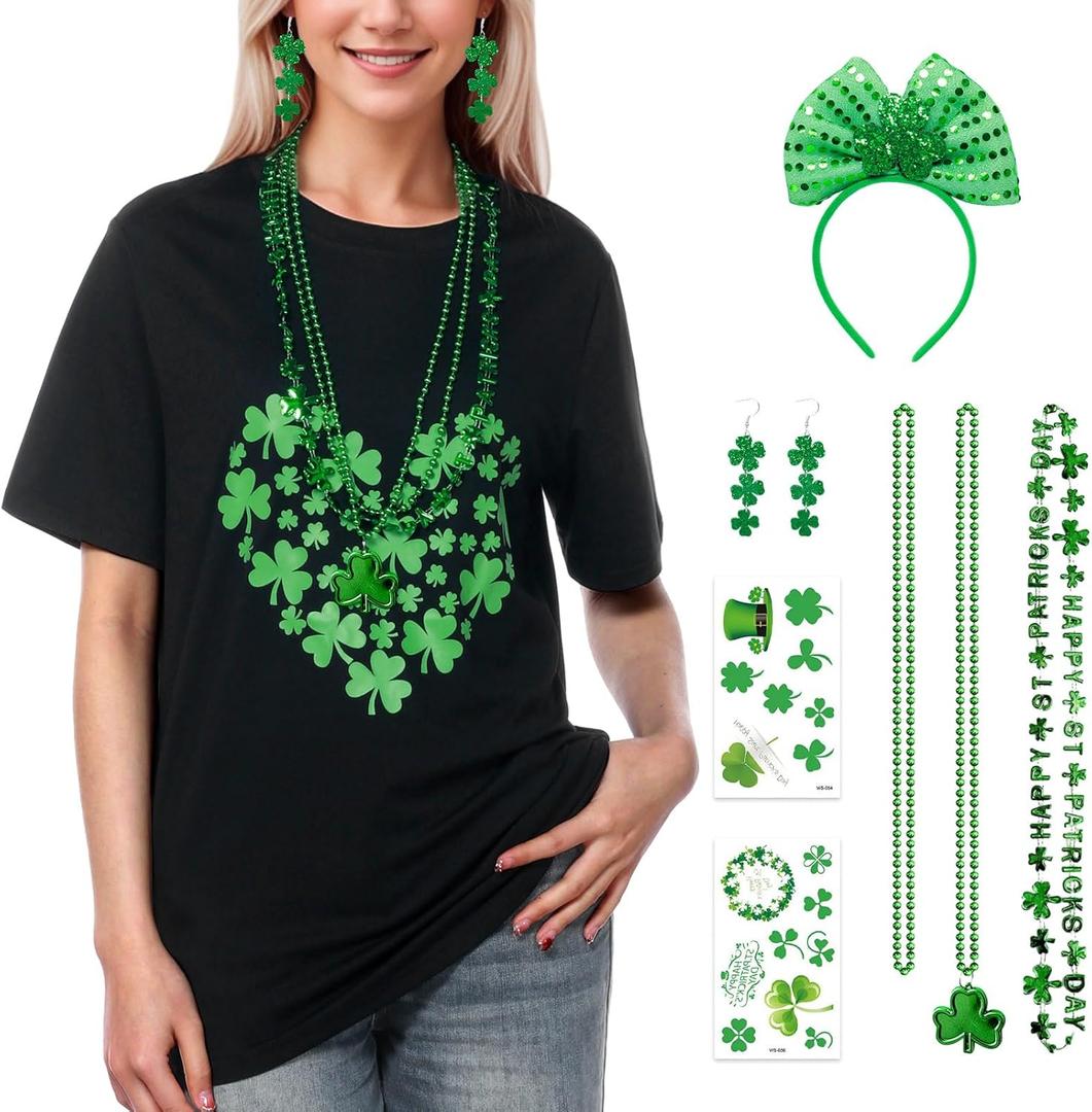 St Patricks Day Shirt Women V-Neck Short Sleeve Summer T-Shirt Lucky Irish Shamrock Graphic Tees Tops Set (Small, Black)