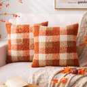AQOTHES Orange Plaid Fall Throw Pillow Covers 20x20 Inch Set of 2, Boucle Decorative Pillow Covers,Cozy Fluffy Home Living Room Farmhouse Decor for Sofa Couch Bed