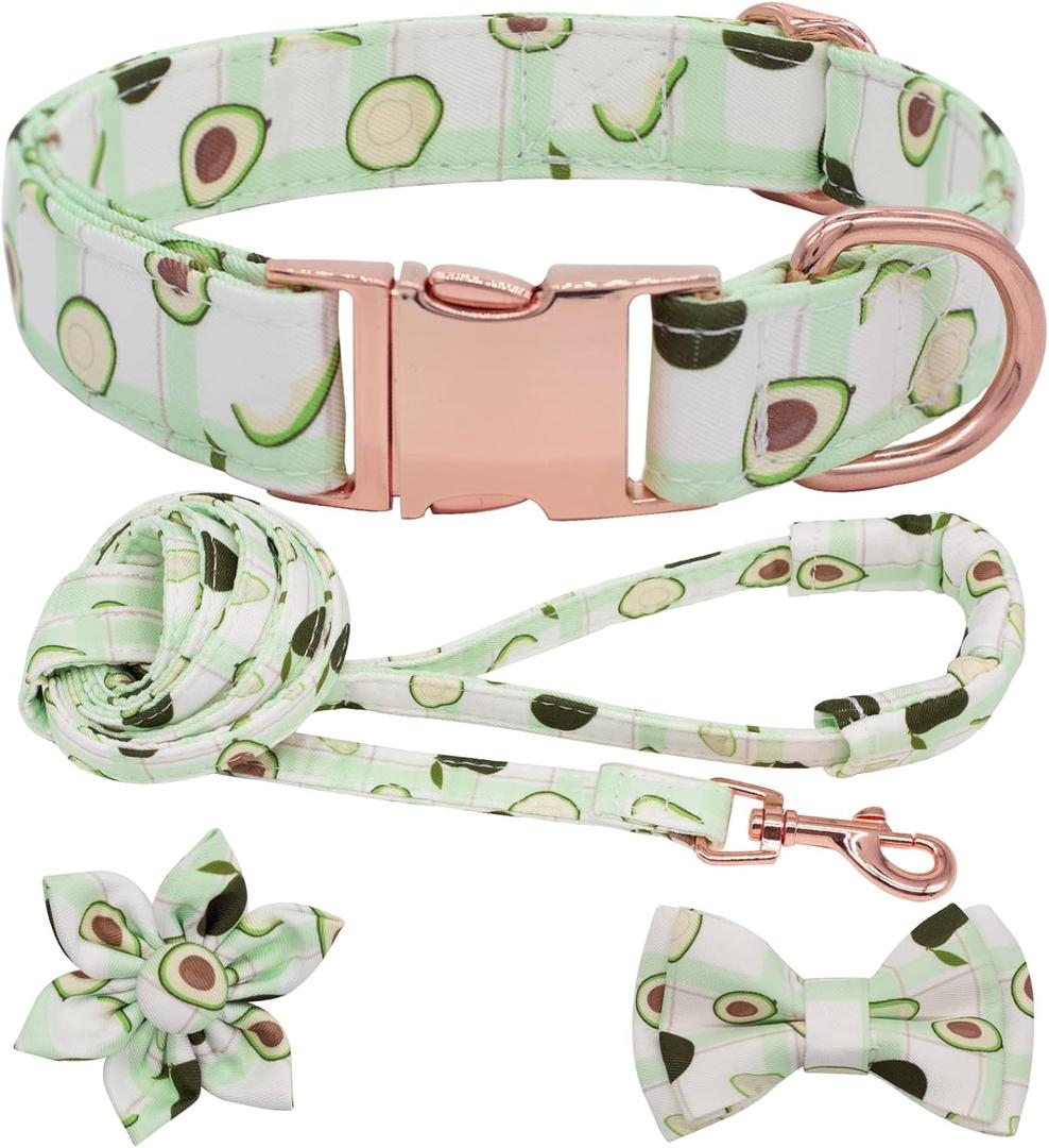 Dog Collar and Leash Set with Flower Bow Tie Girls Dog Collar Dog Tag Metal Buckle Adjustable for Small Medium Large Dogs Avocado-XS