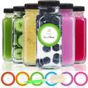 STARSIDE 8 oz Glass Juice Bottles with Lids 6 Pack - Square Reusable Drinking Jars for Juicing, Milk, Kombucha - Includes 1 Bottle Brush, 6 Colored Labels
