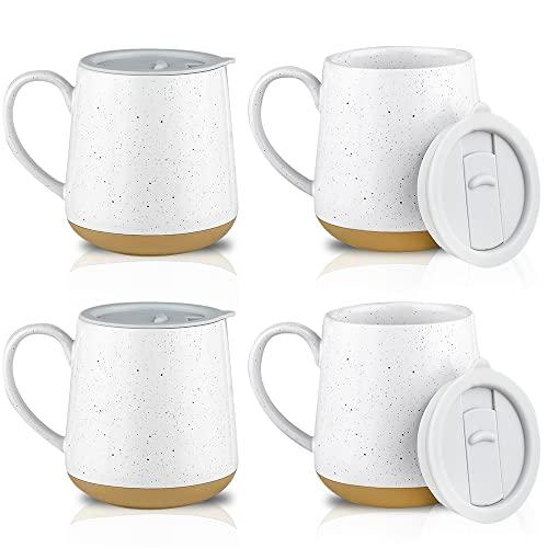 HVH Ceramic Coffee Mug With Lid, 17oz Set of 4, Large Handle Cups for Tea and More, Farmhouse Style (White)