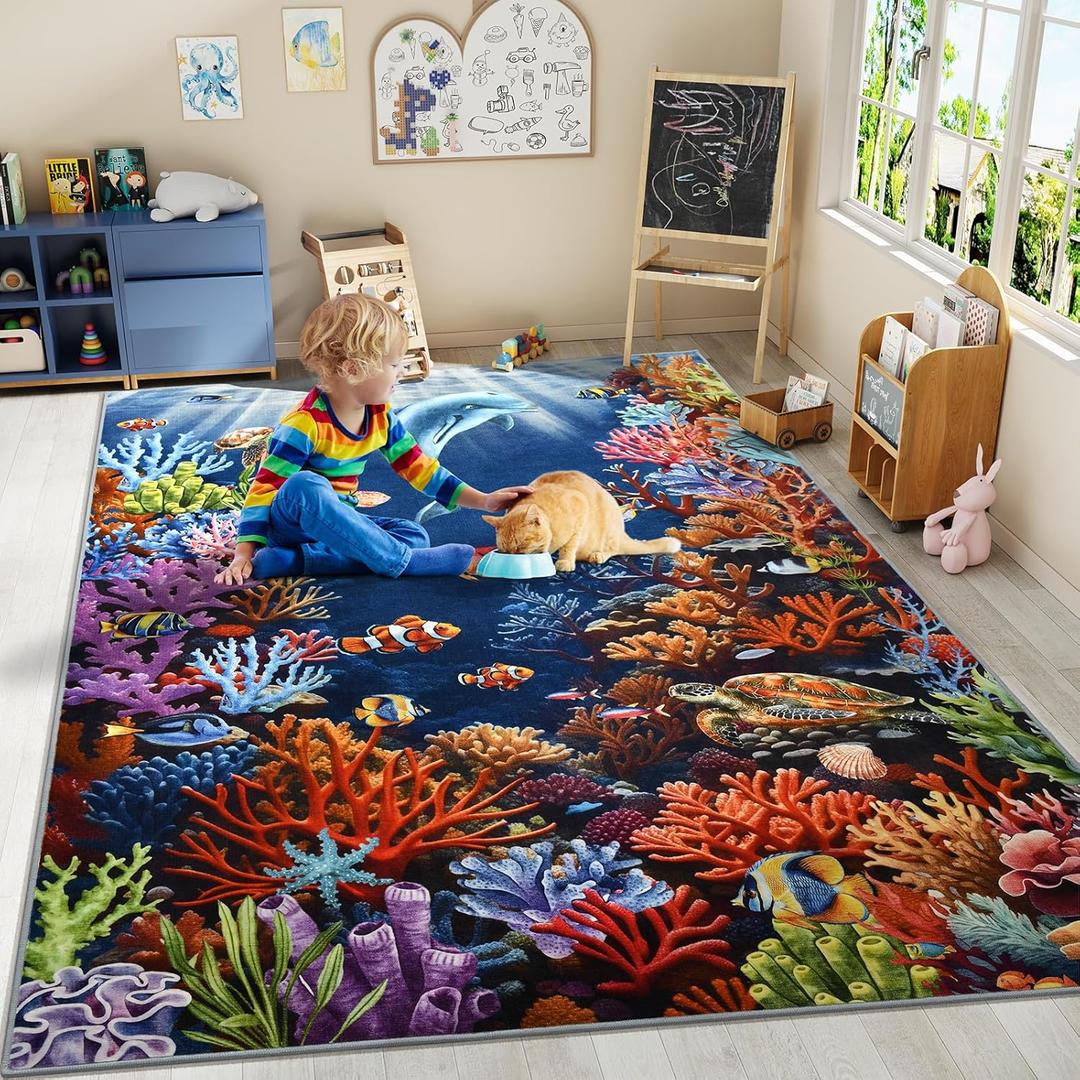 Amearea Soft 8x10 Kids Area Rug for Bedroom Playroom Classroom, Colorful Sea World Washable Non-Slip 8 x 10 Area Rug, Fish Coral Reef Ocean Theme Play Mat Carpet for Boy Girl Room Nursery Decor, Blue