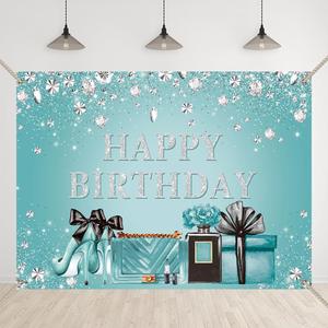 Teal Birthday Backdrop for Girls Women Turquoise and Silver Birthday Party Background Breakfast Blue Cake Smash Diamond High Heel Sweet 16 21 Photography Banner with Copper Grommets