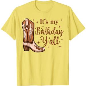 It's My Birthday Y'all Boot Western Country Birthday Cowgirl T-Shirt (Yellow), Medium 