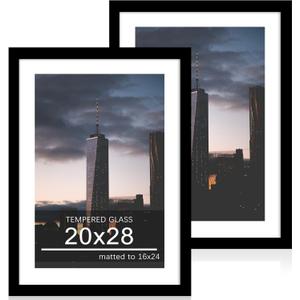 20x28 Poster Frame Set of 2, 20 x 28 Wood Picture Frames with Mat for 16x24, Wooden Photo Frame with Tempered Glass Cover for Wall Mounting Display, Black, 20x28-2Pack