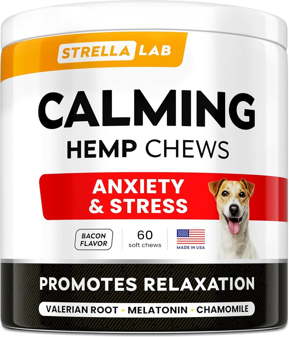 Advanced Calming Chews for Dogs - Hemp Chews and Melatonin - Anxiety Relief - Sleep Aid - Relaxing Treats - Stress Relief During Fireworks, Storms, Thunder, Barking - Made in USA - Bacon - 60ct Advanced Calming Chews for Dogs - Hemp Chews and Melatonin - Anxiety Relief - Sleep Aid - Relaxing Treats - Stress Relief During Fireworks, Storms, Thunder, Barking - Made in USA - Bacon - 60ct
