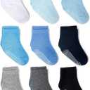 ZAPLES Baby Non Slip Grip Crew Socks with Anti Skid Soles for Infants Toddlers Kids Boys Girls (1-3T, Boys - 9 Pairs)