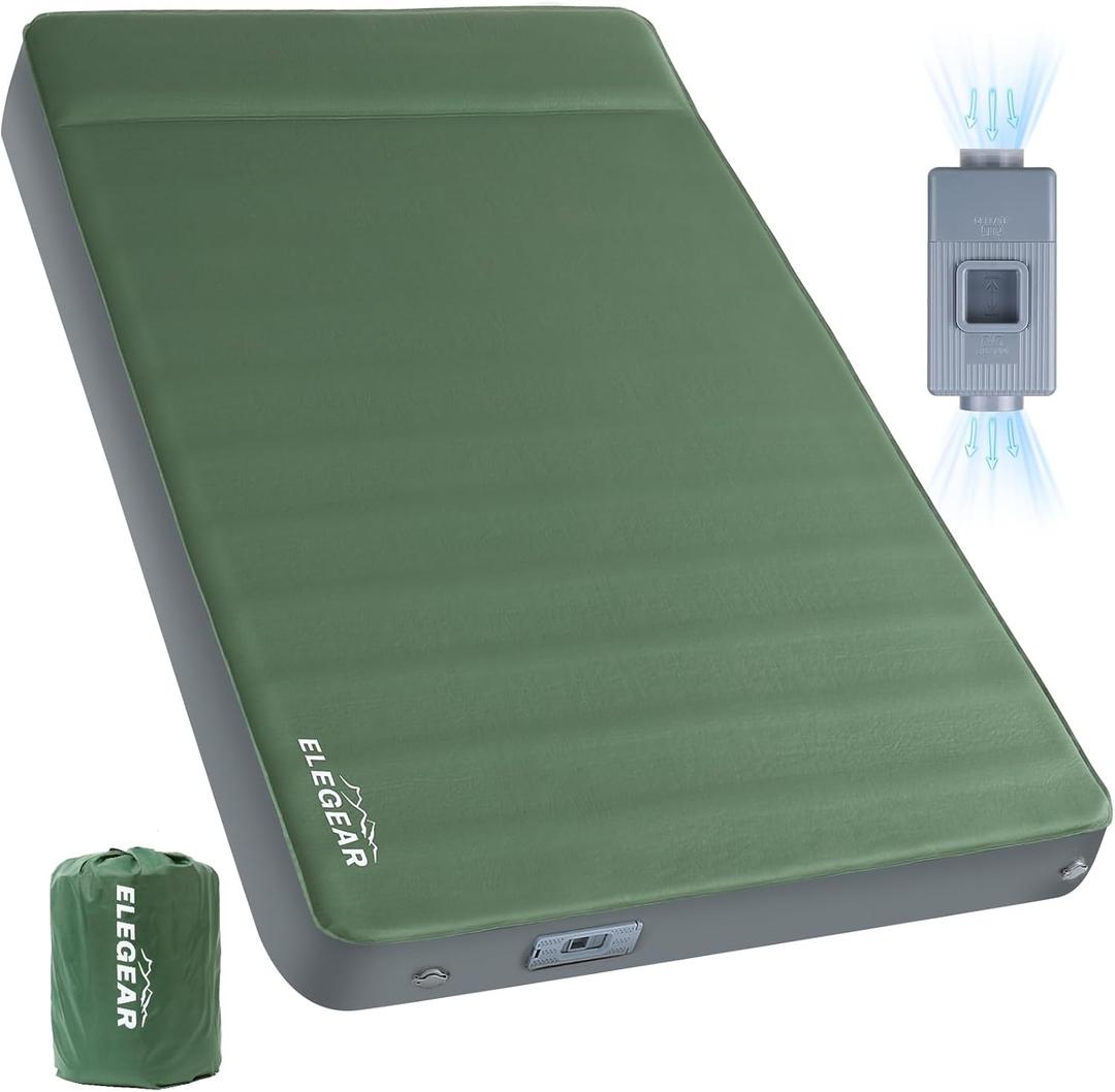 Elegear CumbreX Air & Foam Self Inflating Sleeping Pad, Built-in Electric Pump 4" Ultra-Thick Memory Foam Camping Mattress with Pillow Double Camping Pad 4-Season R-value 9.5 Camp Mat for Travel Full, Army Green