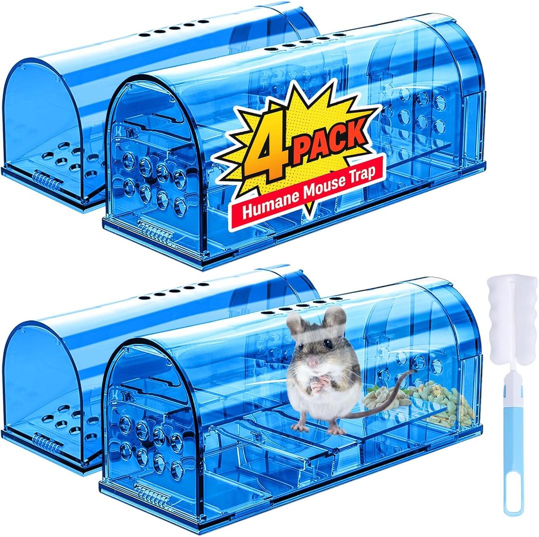 4 Pack Humane Mouse Traps No Kill, Catch and Release Live Mouse Trap Indoor for Home, Reusable Mice Trap Cage with Cleaning Brush(Blue)