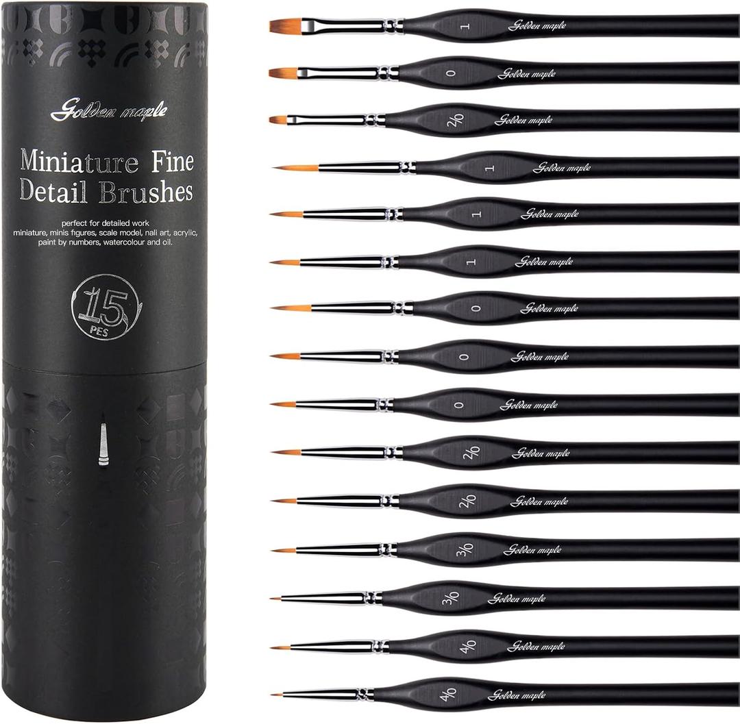 Golden Maple Miniature Paint Brushes, 15PC Model Brushes Micro Detail Paint Brush Set, Fine Detailing for Acrylics, Oils, Watercolors & Paint by Number, Figurine (Black)